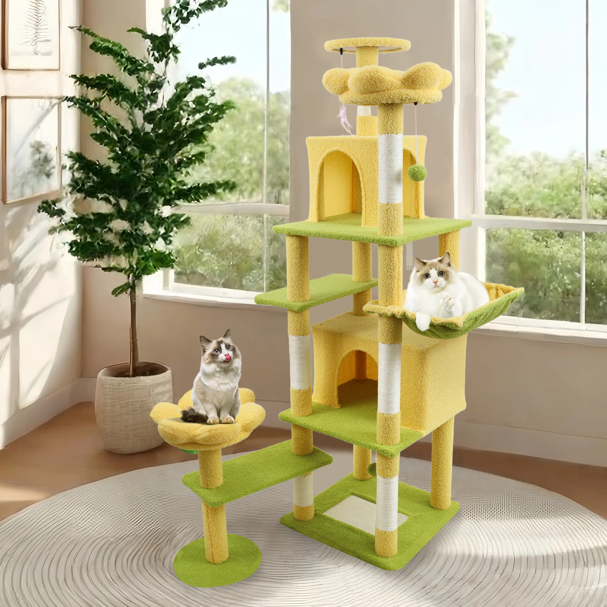 71 inch flower cat tree with large condo removable flower cushion and hammock yellow