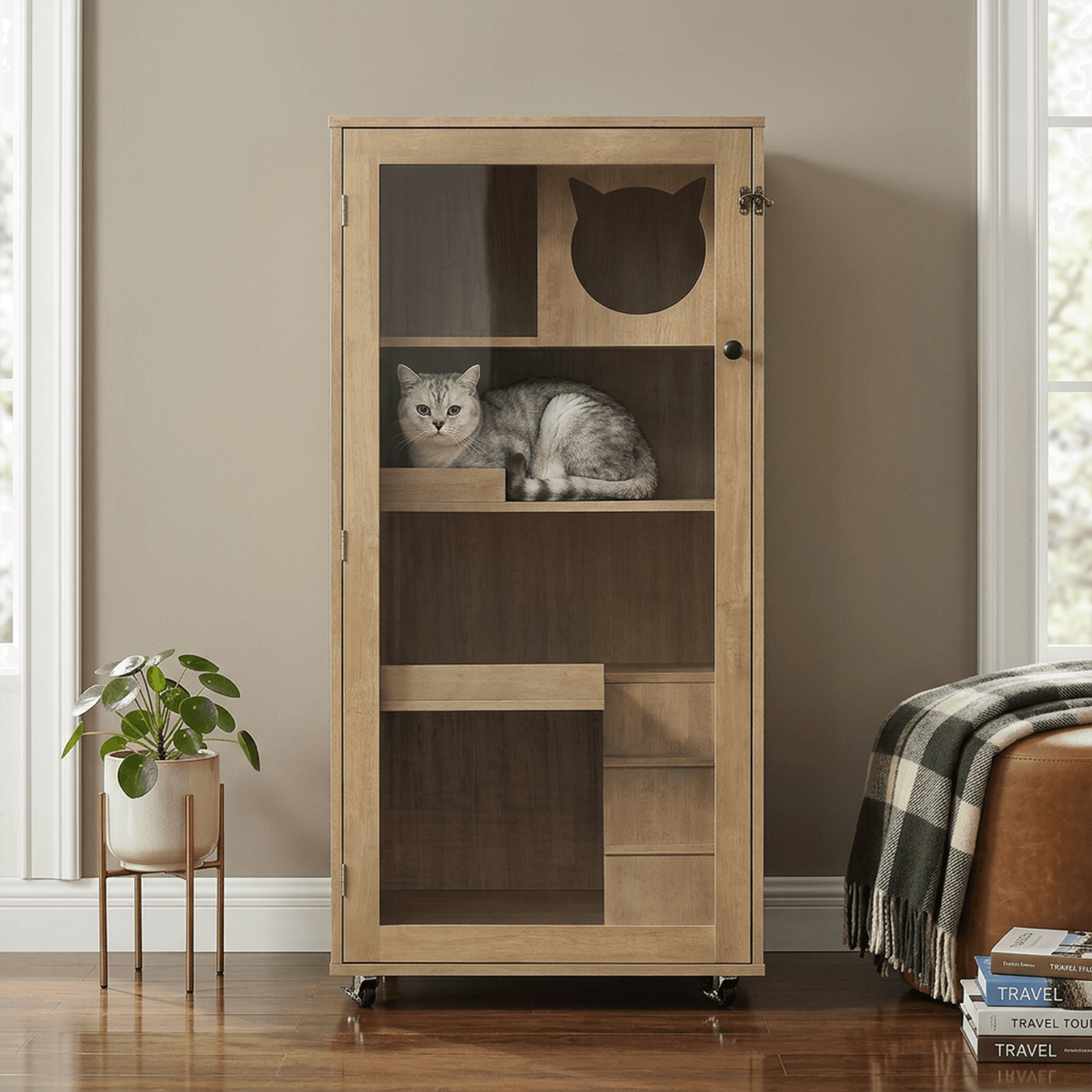 Basia Rubber Wood Cat Cabinet with Wheels, Ventilated Indoor Cat Condo with Multi-Level Shelves & Lockable Door, Safe & Spacious Cat Enclosure for Home Living, Nature Beech Finish