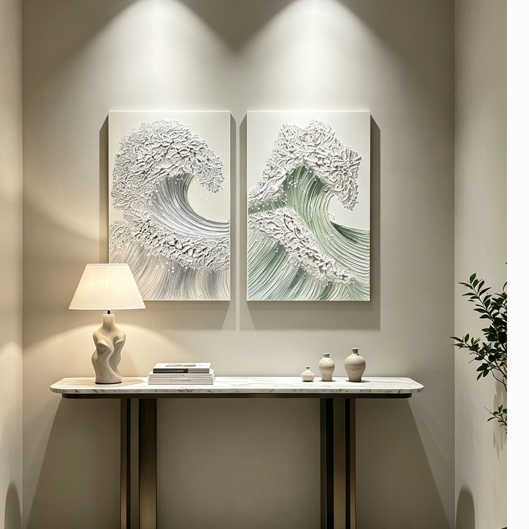 24x36 Set of 2 Ocean Wave Wall Art, Neutral Antique White & Sage Green Textured Canvas Painting with Gold Accents, Coastal Decor for Living Room, Ready to Hang