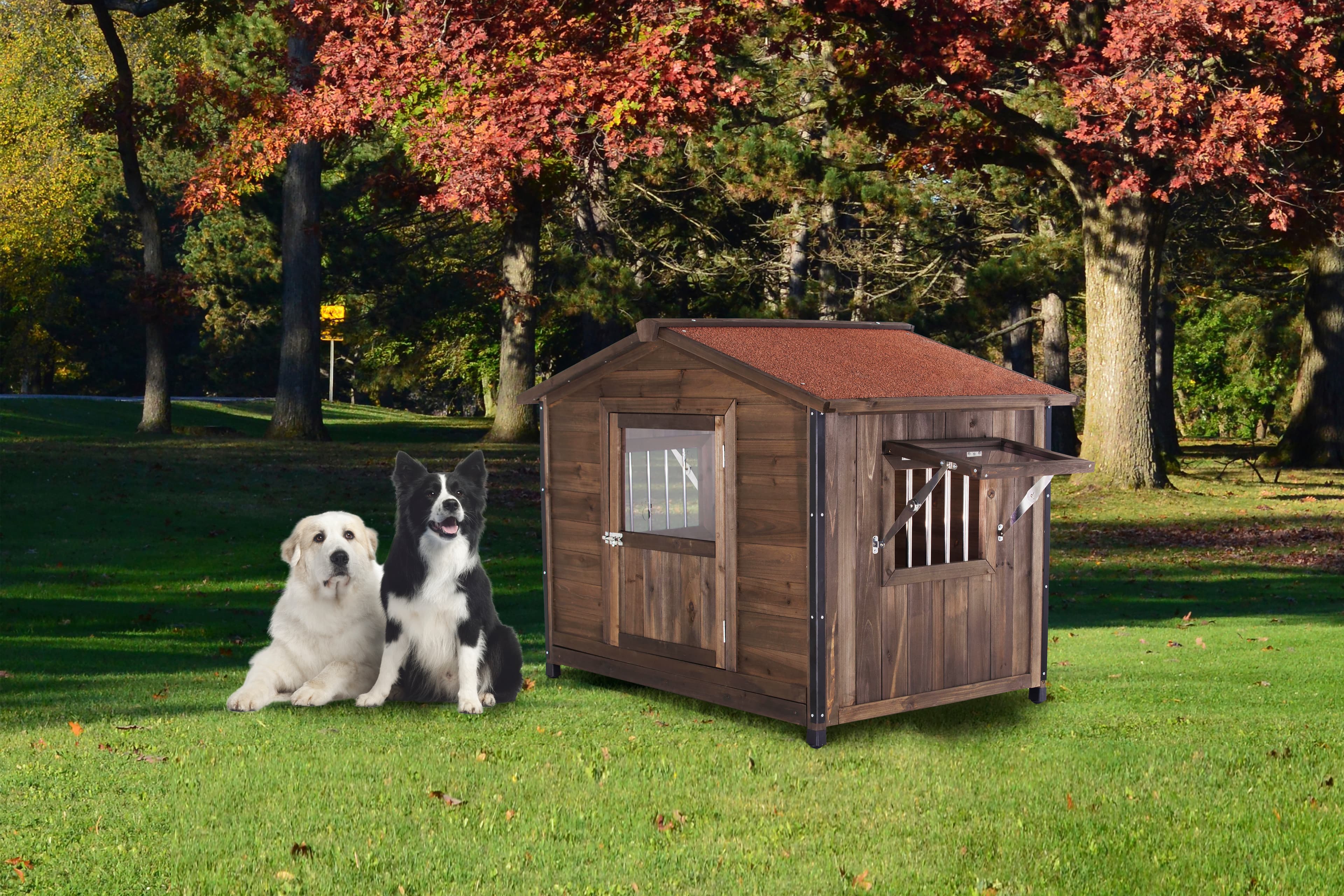 Unique All-Around Iron Frame,Outdoor Large Wooden Cabin House Style Wooden Dog Kennel