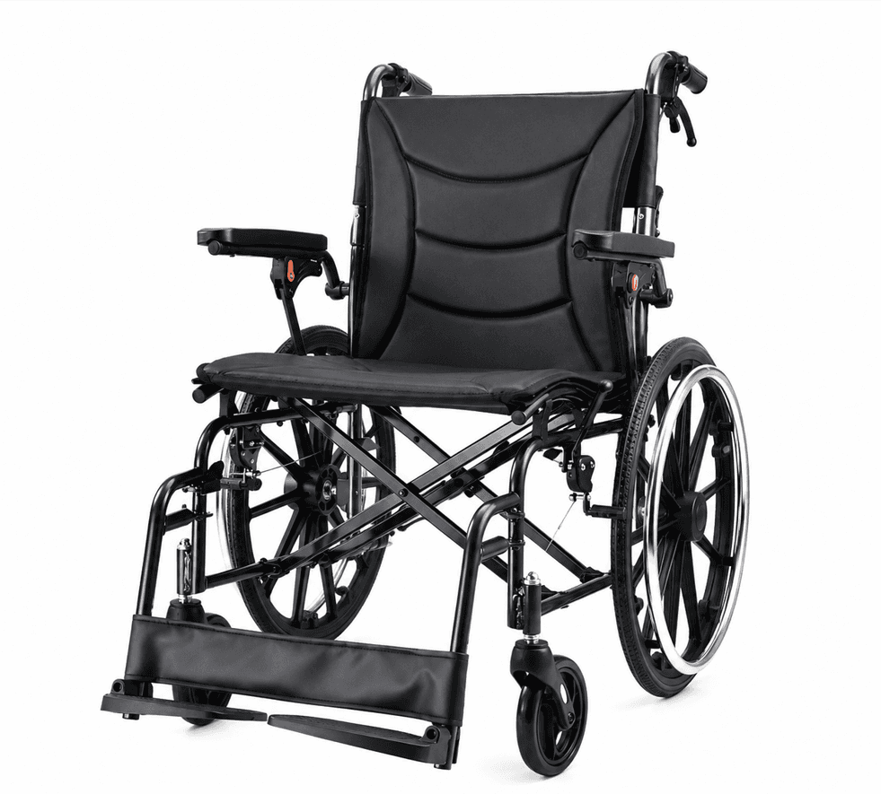 Adult Wheelchair, 20-inch Ergonomic Foldable Aluminum Transport Wheelchair with Flip-Up Armrests and Brakes