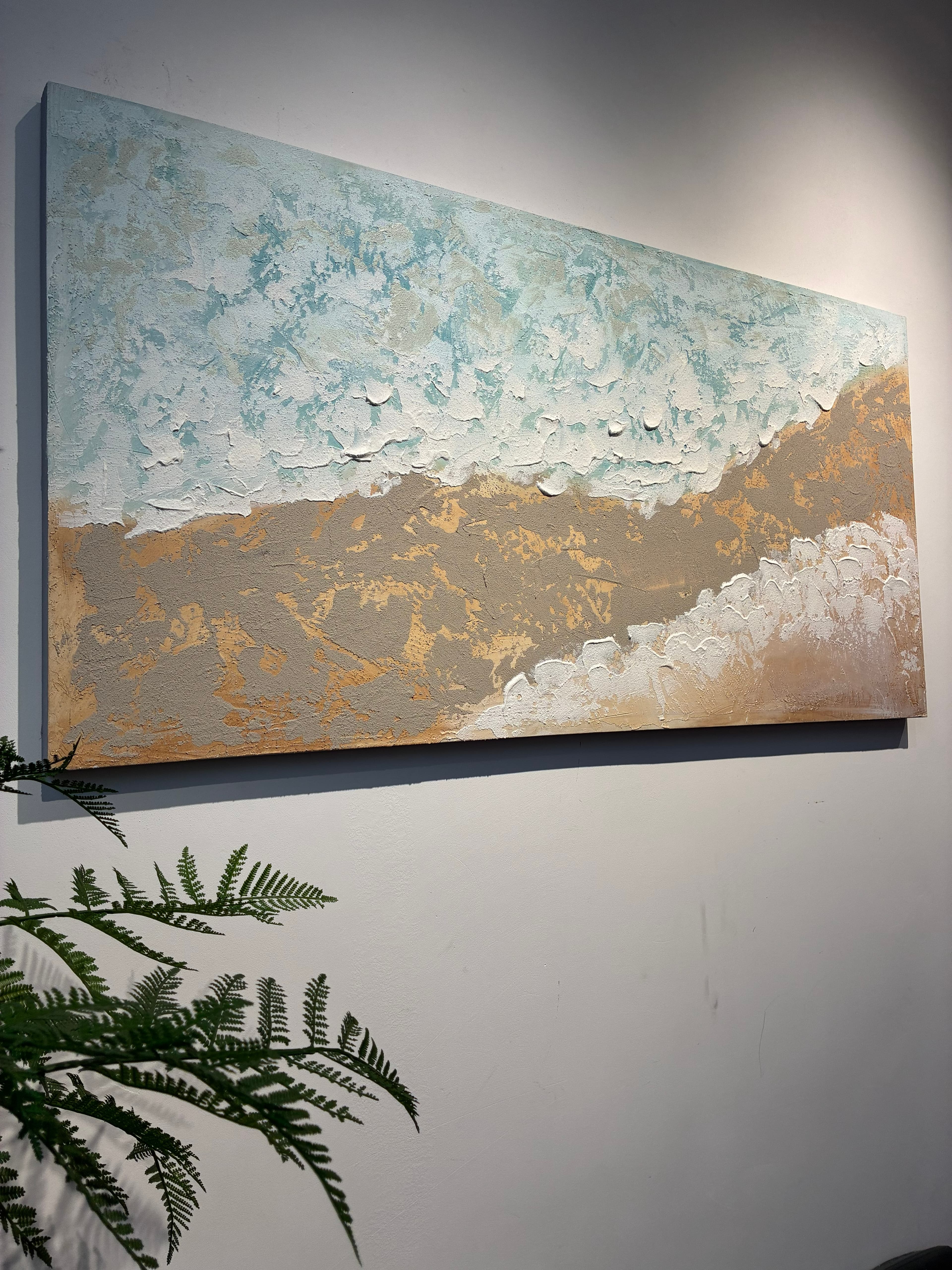 24x48 Neutral Beach Landscape Canvas Wall Art, Hand-Painted Thick Textured Coastal Painting, Aqua Blue & Beige Decor for Living Room, Ready to Hang