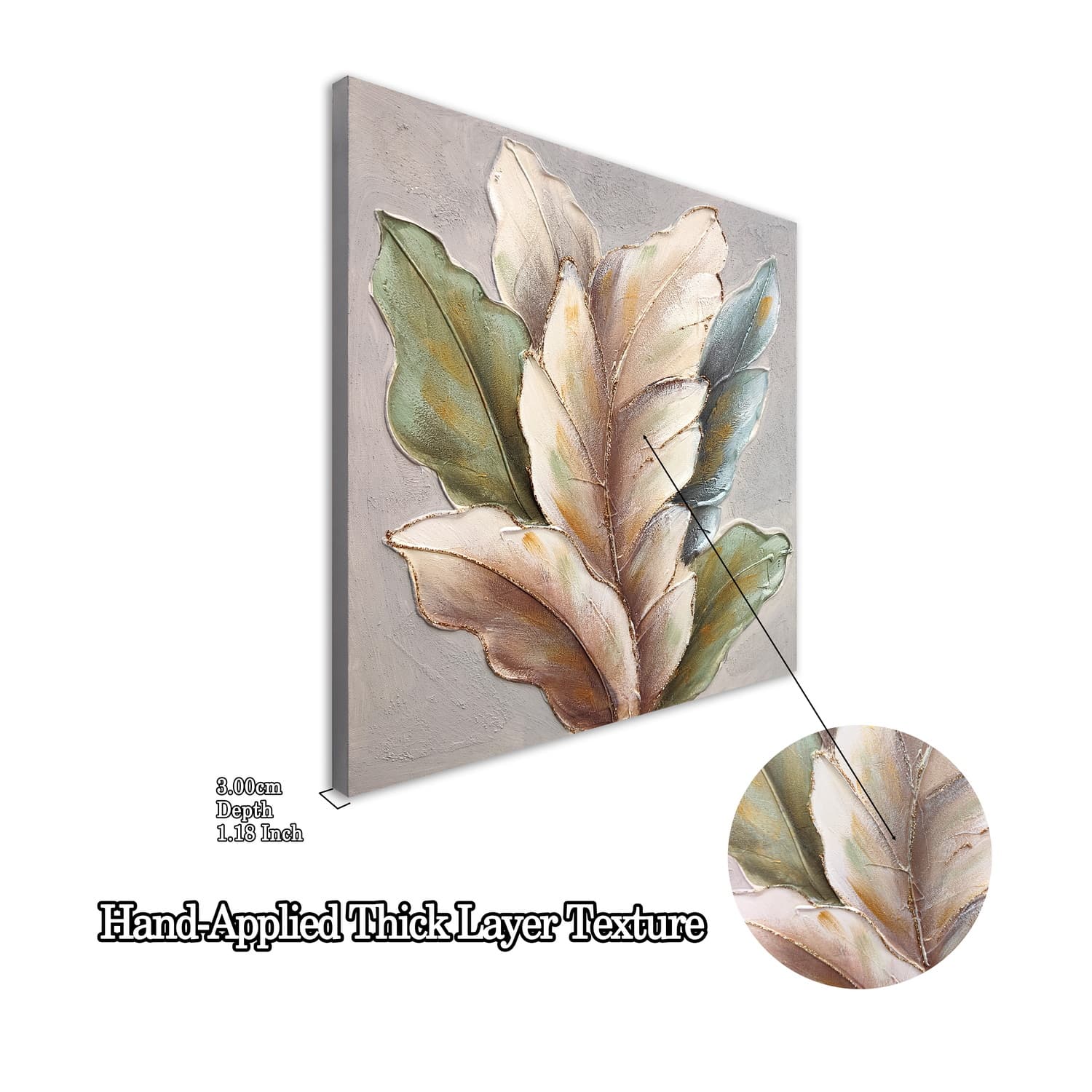 24x24 Set of 2 Botanical Leaf Wall Art, Neutral Antique White & Green Textured Canvas Painting with Gold Accents, Framed Decor for Living Room Bedroom, Ready to Hang