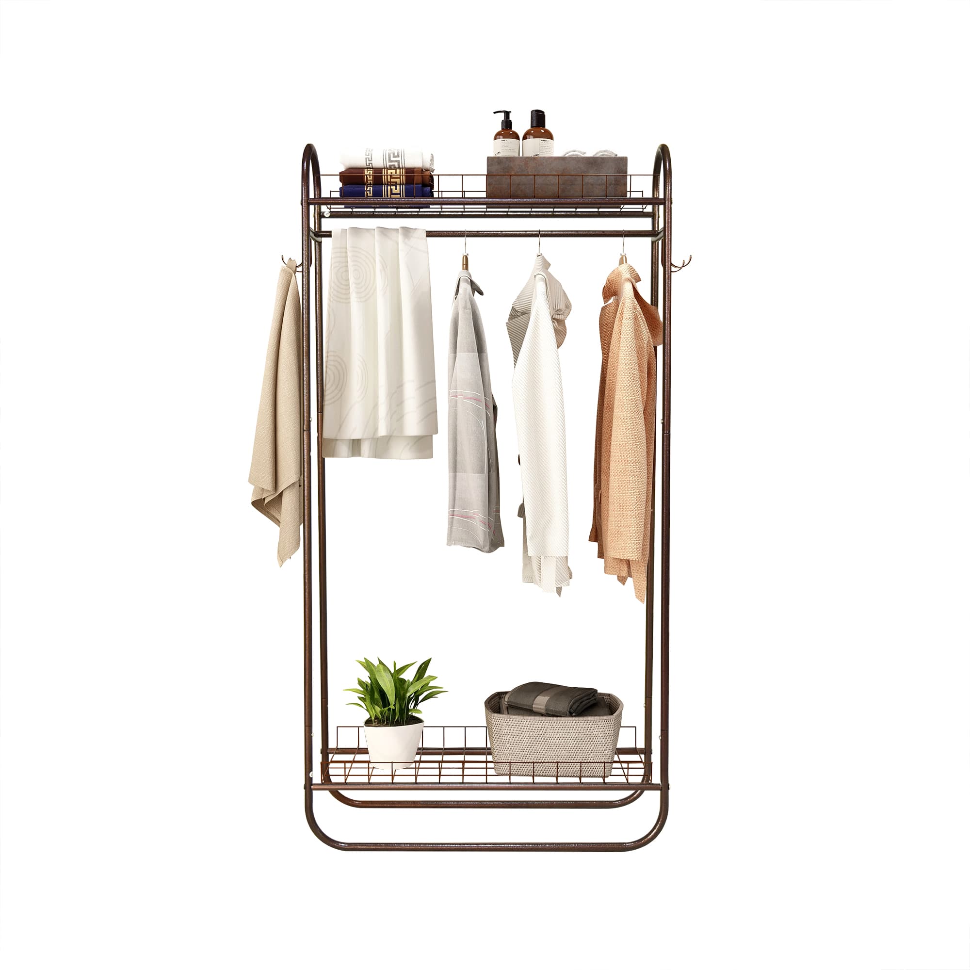 Garment Rack Freestanding Heavy Duty Clothing Rack, Metal Rolling Clothes Rack with Double Shelves, Portable Wardrobe Rack for Hanging Clothes