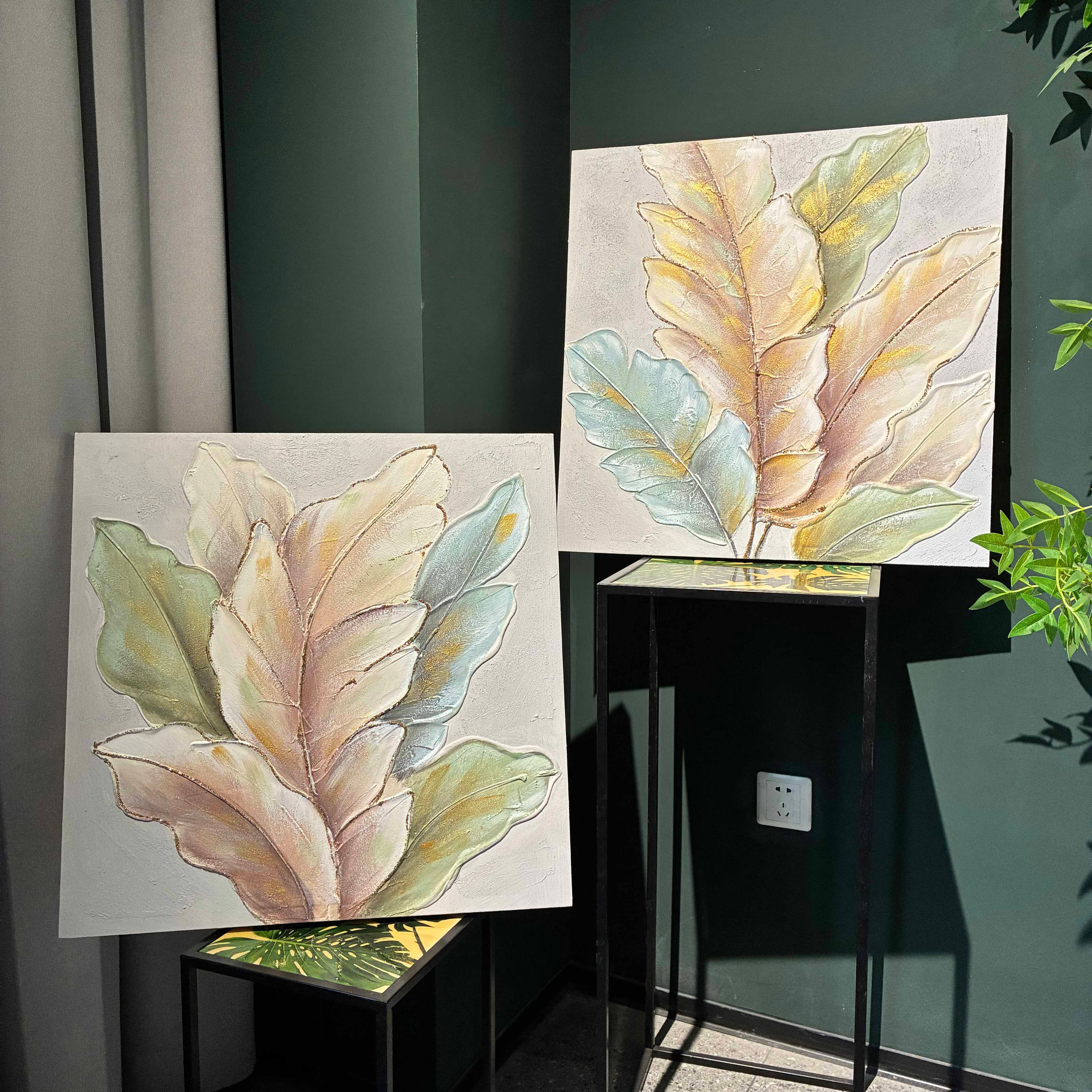 24x24 Set of 2 Botanical Leaf Wall Art, Neutral Antique White & Green Textured Canvas Painting with Gold Accents, Framed Decor for Living Room Bedroom, Ready to Hang