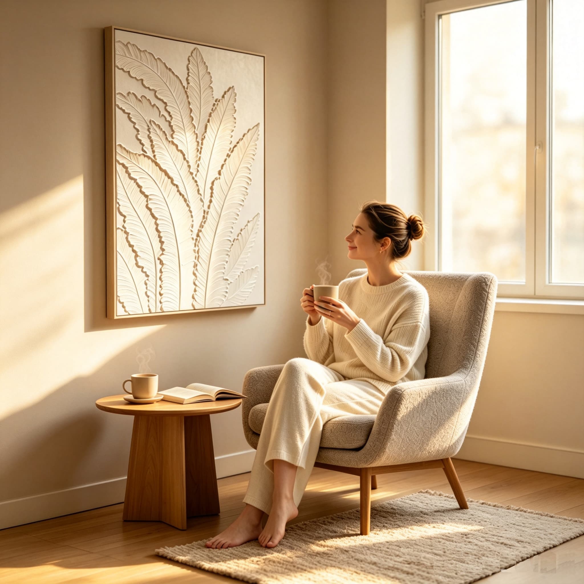 24x36 Framed Botanical Leaf Wall Art, Antique White Thick Textured Canvas Painting, Minimalist Neutral Decor for Living Room Bedroom, Ready to Hang