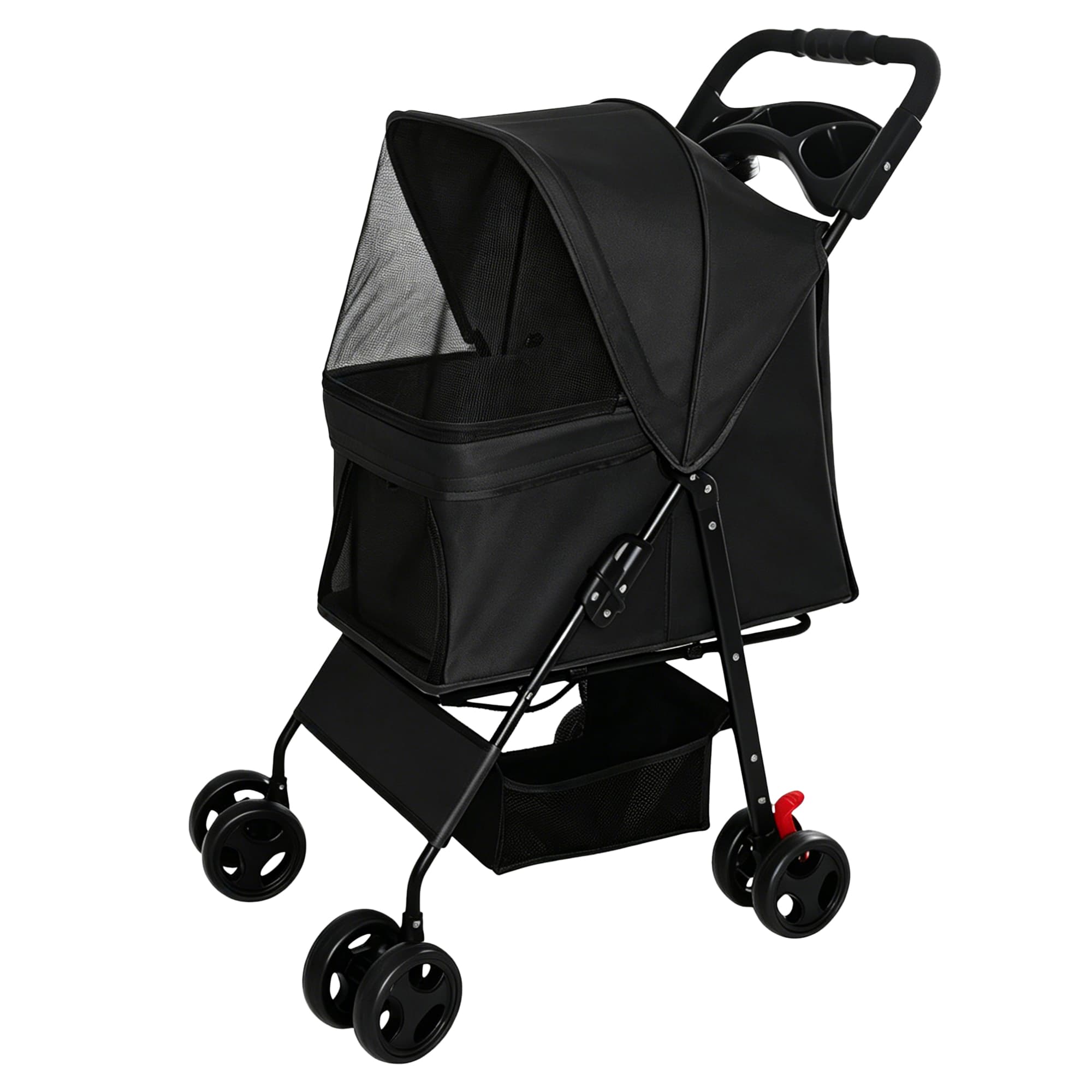 Foldable Pet Stroller for Small Dogs and Cats Under 28 lbs with Multi-Functional Tray, 2 Safety Leashes, Storage Basket & Breathable Mesh, 4 Wheels Pet Stroller, Black