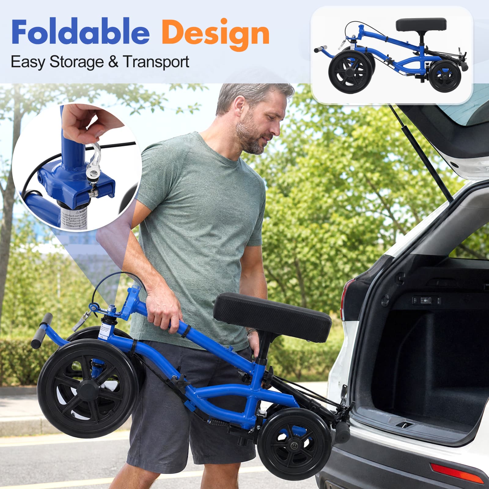 Knee Scooter for Adults, Foldable Knee Walker with 10" All-Terrain Wheels, Footrest, Bag & Cup Holder, 300 lbs Capacity