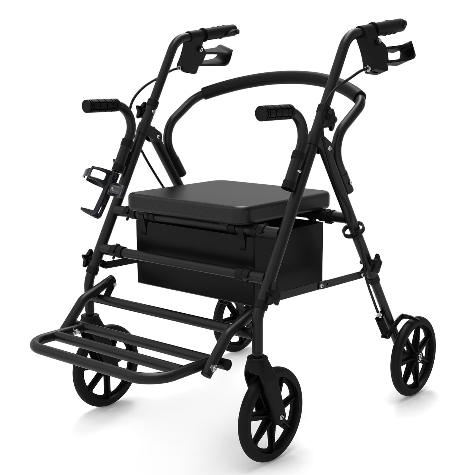 Rollator Walker with Seat for Seniors, 2 in 1 Walker Wheelchair Combo, Lightweight Foldable 4 Wheel Rollator with 8" Wheels, Memory Foam Seat, Footrests