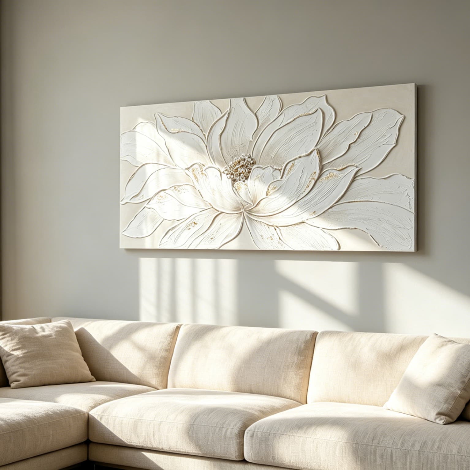 24x48 White Lotus Flower Canvas Wall Art, Hand-Painted Textured Floral Painting with Gold Foil & Stone Center, Framed Neutral Wall Decor for Living Room Bedroom, Ready to Hang