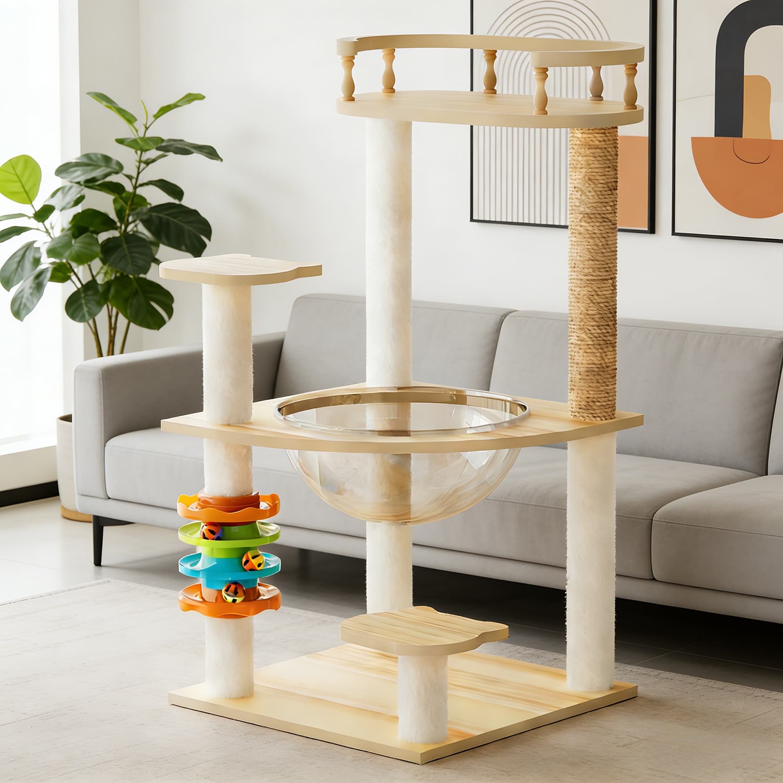 32.2" Modern Cat Tower, Wood Cat Tree Tower for Indoor Cats, Cat Treewith Sisal-Covered Scratching Posts and Top Perch, Cat Condo with Acrylic Hammock and Toys for Small Large Cats