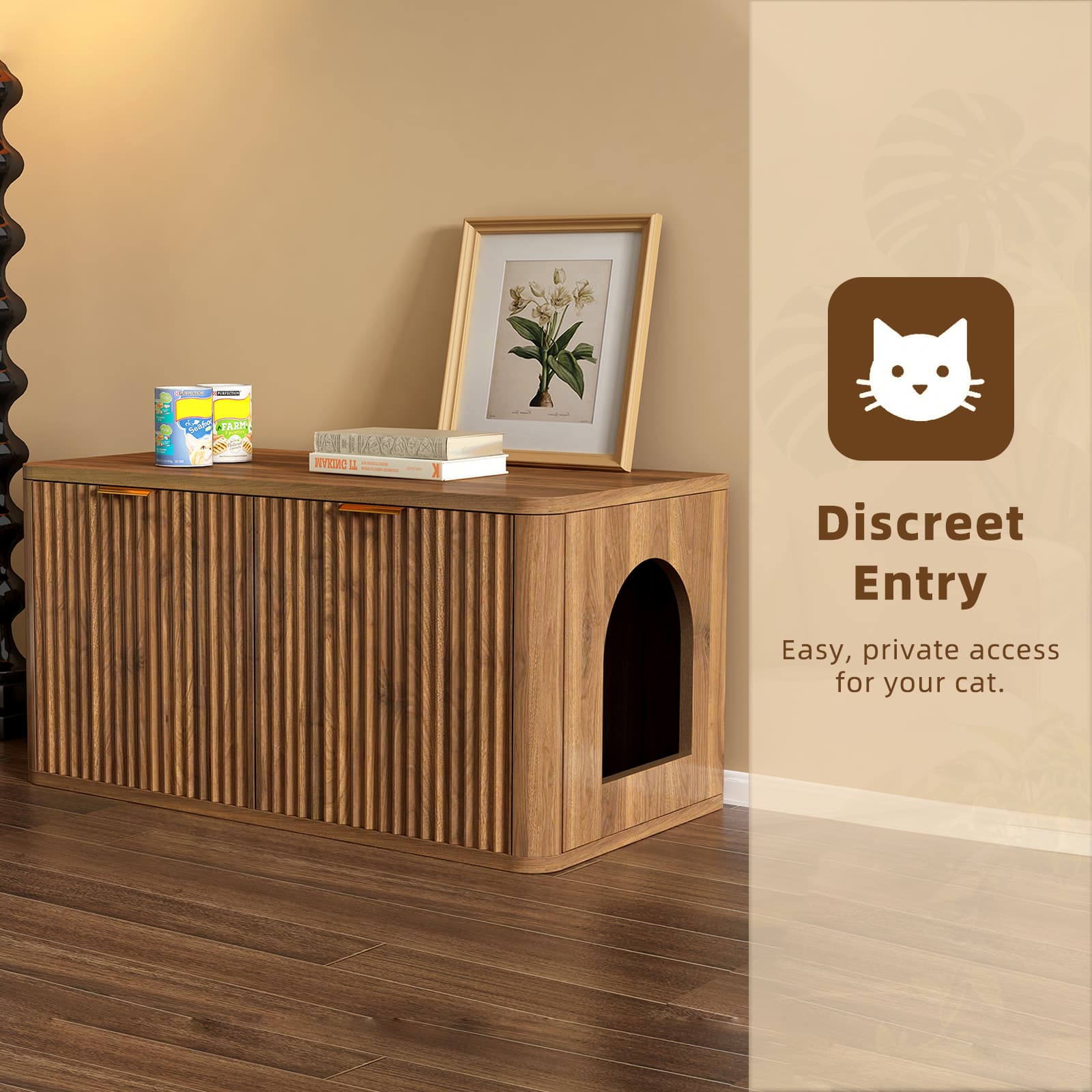 31.5" Walnut Cat Litter Box Enclosure Furniture, Large Decorative Hidden Litter Box Cabinet, Fluted Mid Century Modern Kitty End Table for Living Rooms, Bedrooms, Entryways (WALNUT)