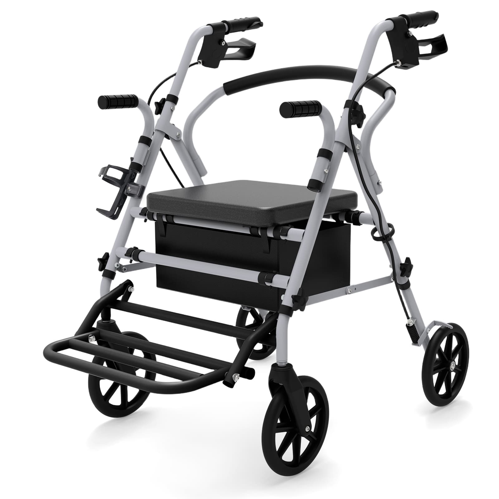 Rollator Walker with Seat for Seniors, 2 in 1 Walker Wheelchair Combo, Lightweight Foldable 4 Wheel Rollator with 8" Wheels, Memory Foam Seat, Footrests