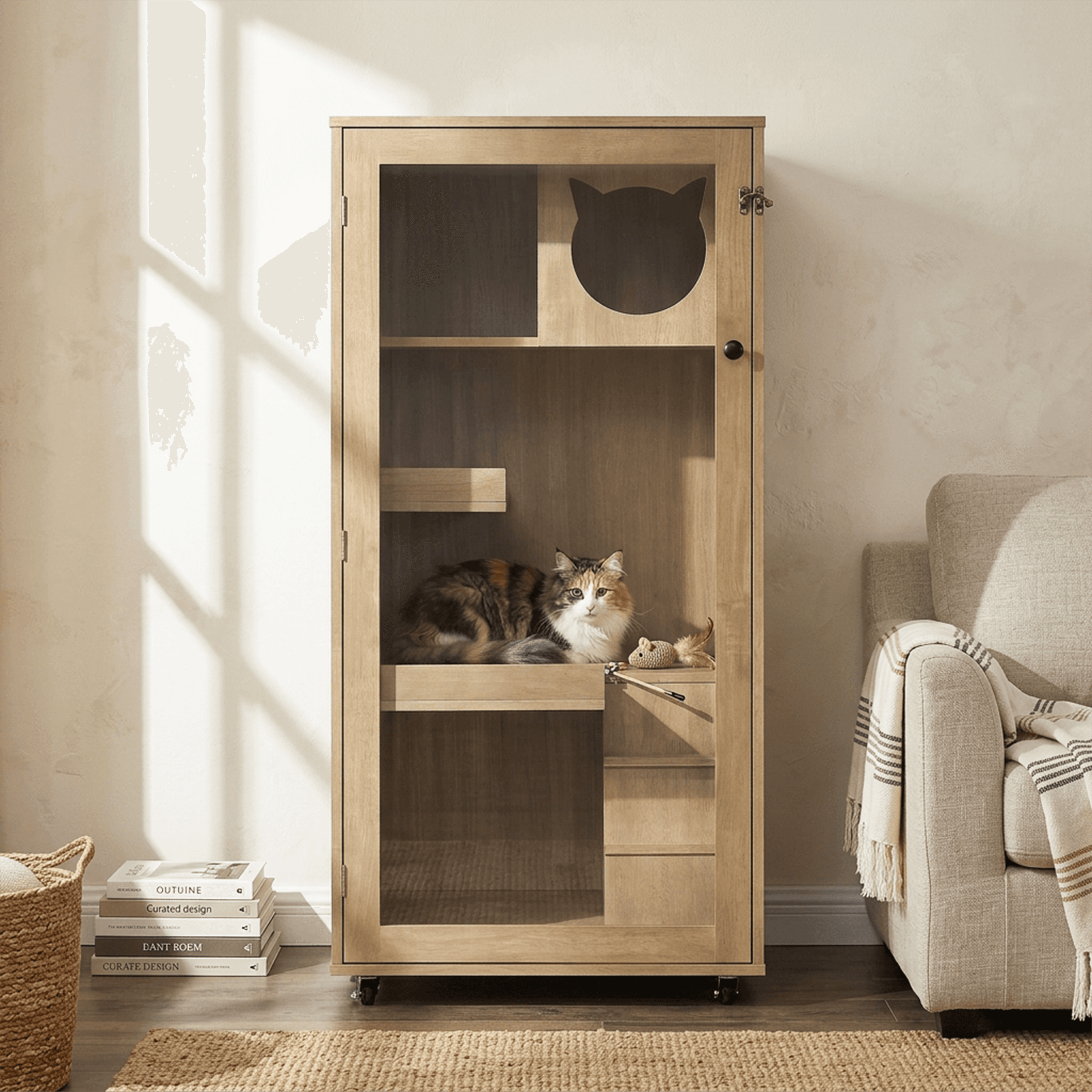 Basia Rubber Wood Cat Cabinet with Wheels, Ventilated Indoor Cat Condo with Multi-Level Shelves & Lockable Door, Safe & Spacious Cat Enclosure for Home Living, Nature Beech Finish