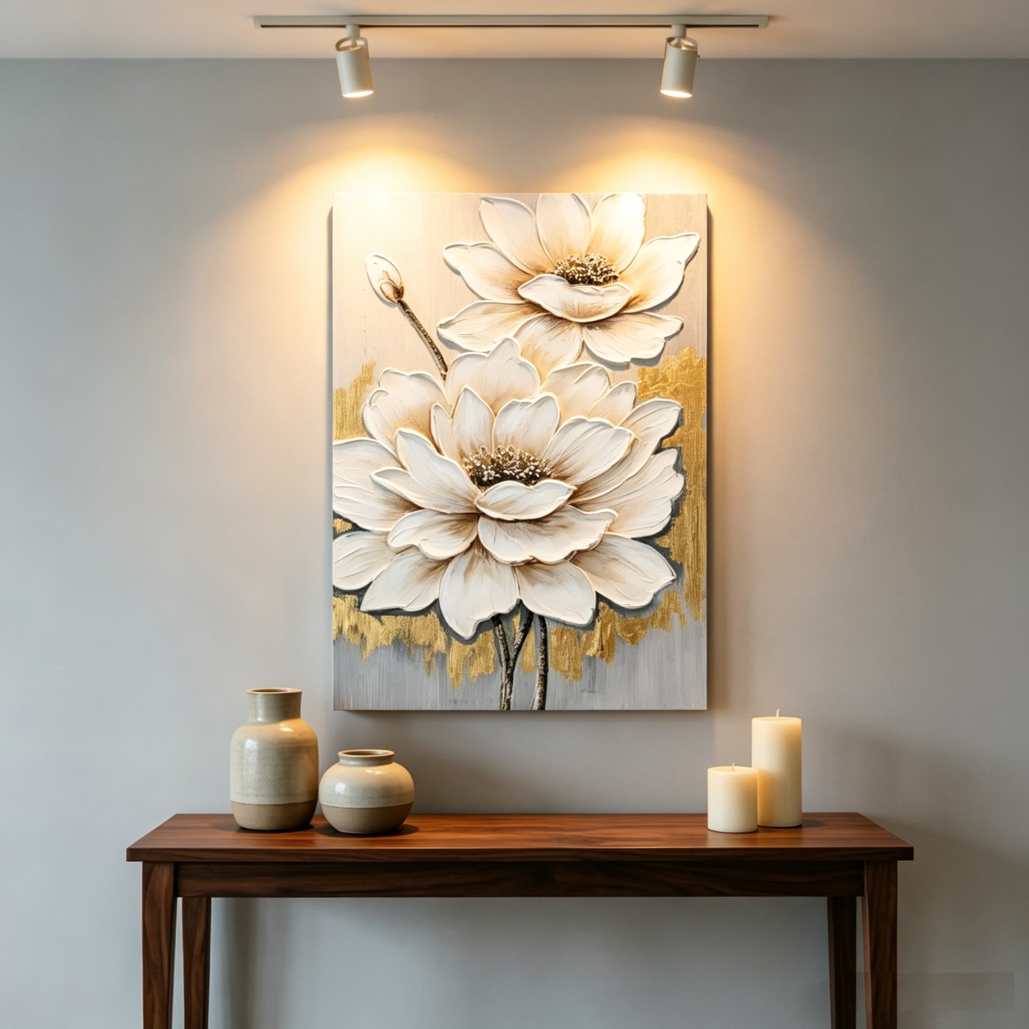 24x36 White Lotus Flower Canvas Wall Art, Hand-Painted Thick Textured Floral Painting with Gold Accents, Neutral Decor for Living Room Bedroom, Ready to Hang
