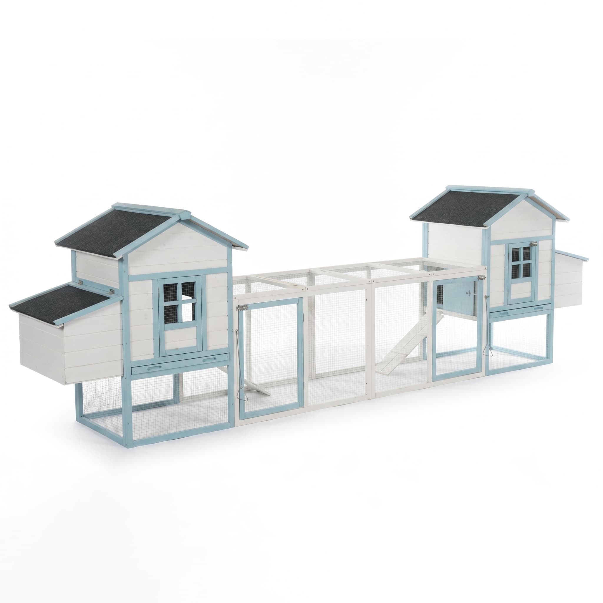 Large Wooden Chicken Coop with Double Nesting Boxes, Outdoor Walk-In Chicken Run with Waterproof Asphalt Roof, Fir Wood Poultry Cage with Pull-Out Dropping Trays, Blue & White Backyard Hen House