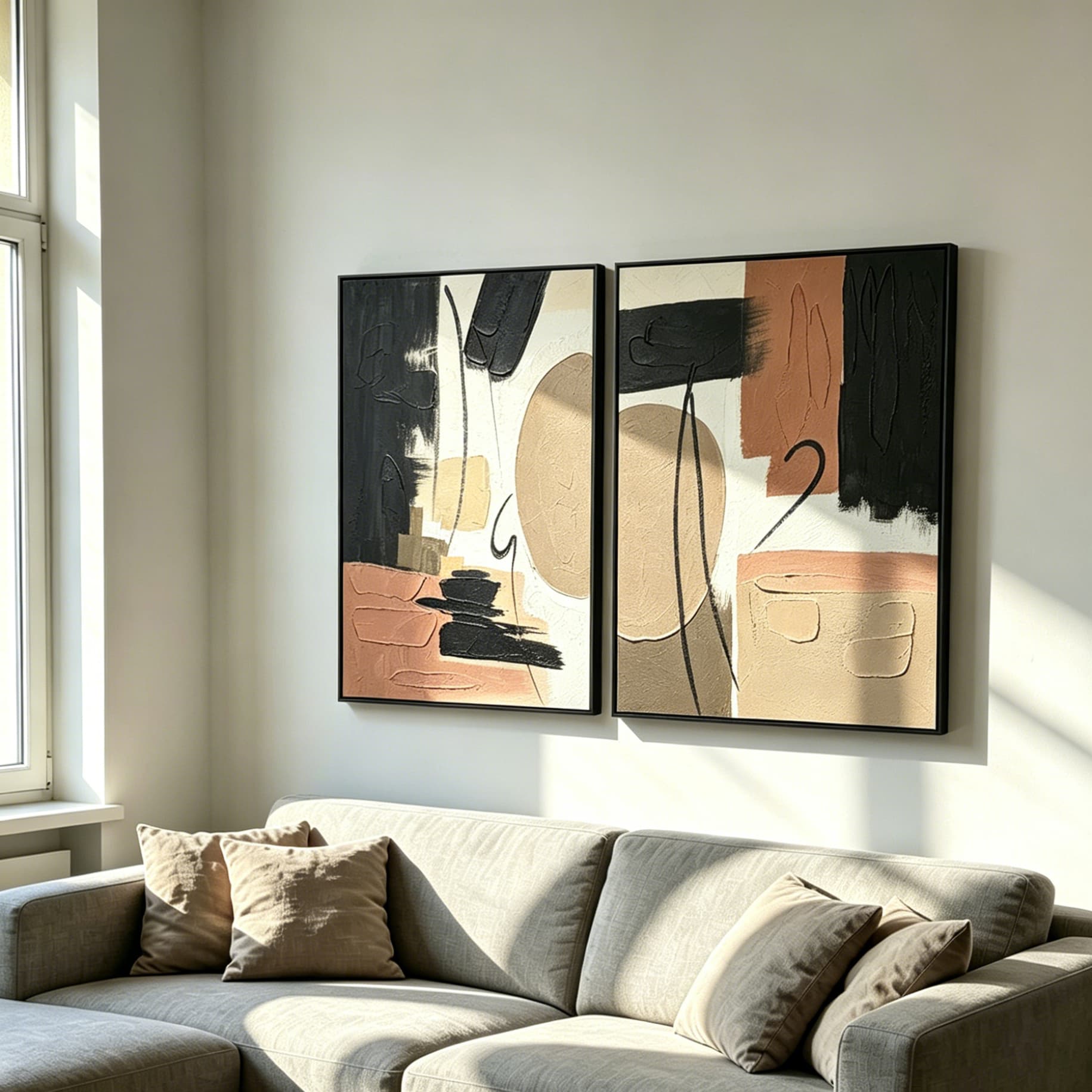 24x36 Set of 2 Framed Abstract Wall Art, Neutral Black Beige & Terracotta Textured Canvas Painting, Modern Decor for Living Room Bedroom, Ready to Hang