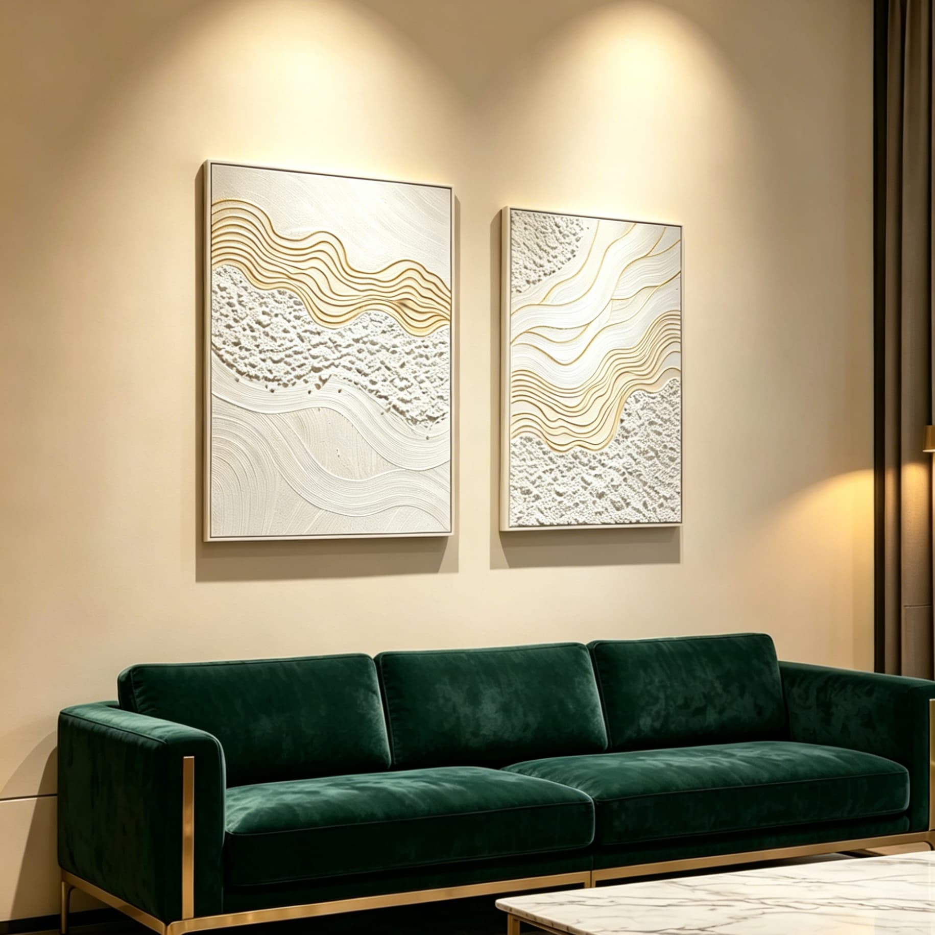24x36 Set of 2 Framed Abstract Wall Art, Neutral Antique White Textured Canvas Painting with Gold Accents, Modern Decor for Living Room Bedroom, Ready to Hang
