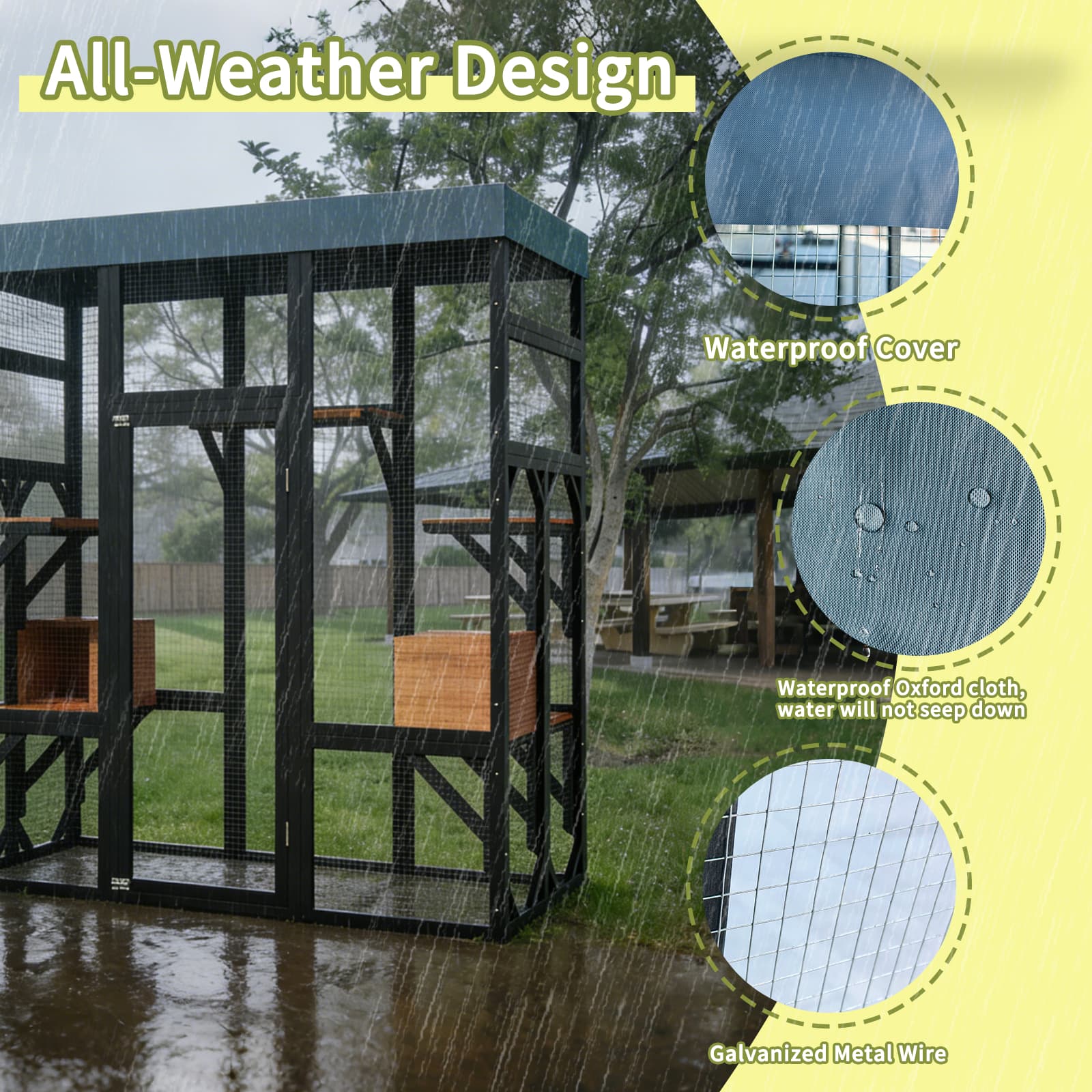 62.6" Black Wooden Catio for Cats, Large Cat Enclosure with Waterproof cover, 2 Napping House, Platforms & Galvanized Metal Wire – Secure Pet Cage Shelter
