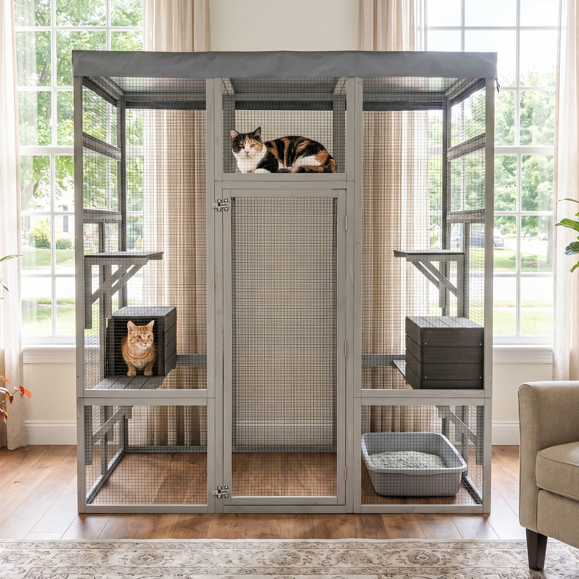 62.6" Wooden Catio for Cats, Large Cat Enclosure with Waterproof cover, 2 Napping House, Platforms & Galvanized Metal Wire – Secure Pet Cage Shelter