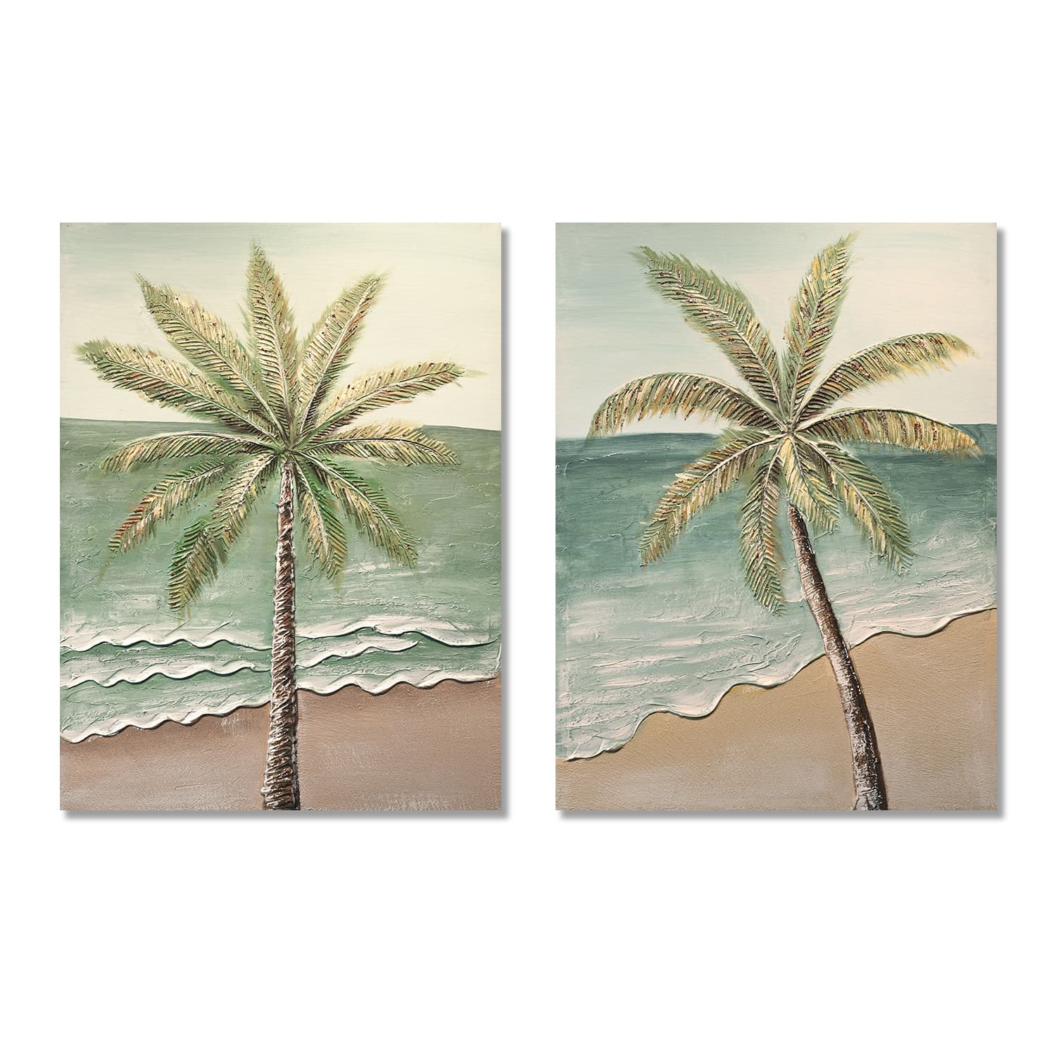 24x30 Set of 2 Palm Tree Wall Art, Aqua Blue & Beige Beach Canvas Painting with Gold Accents, Hand-Painted Textured Tropical Decor for Living Room, Ready to Hang