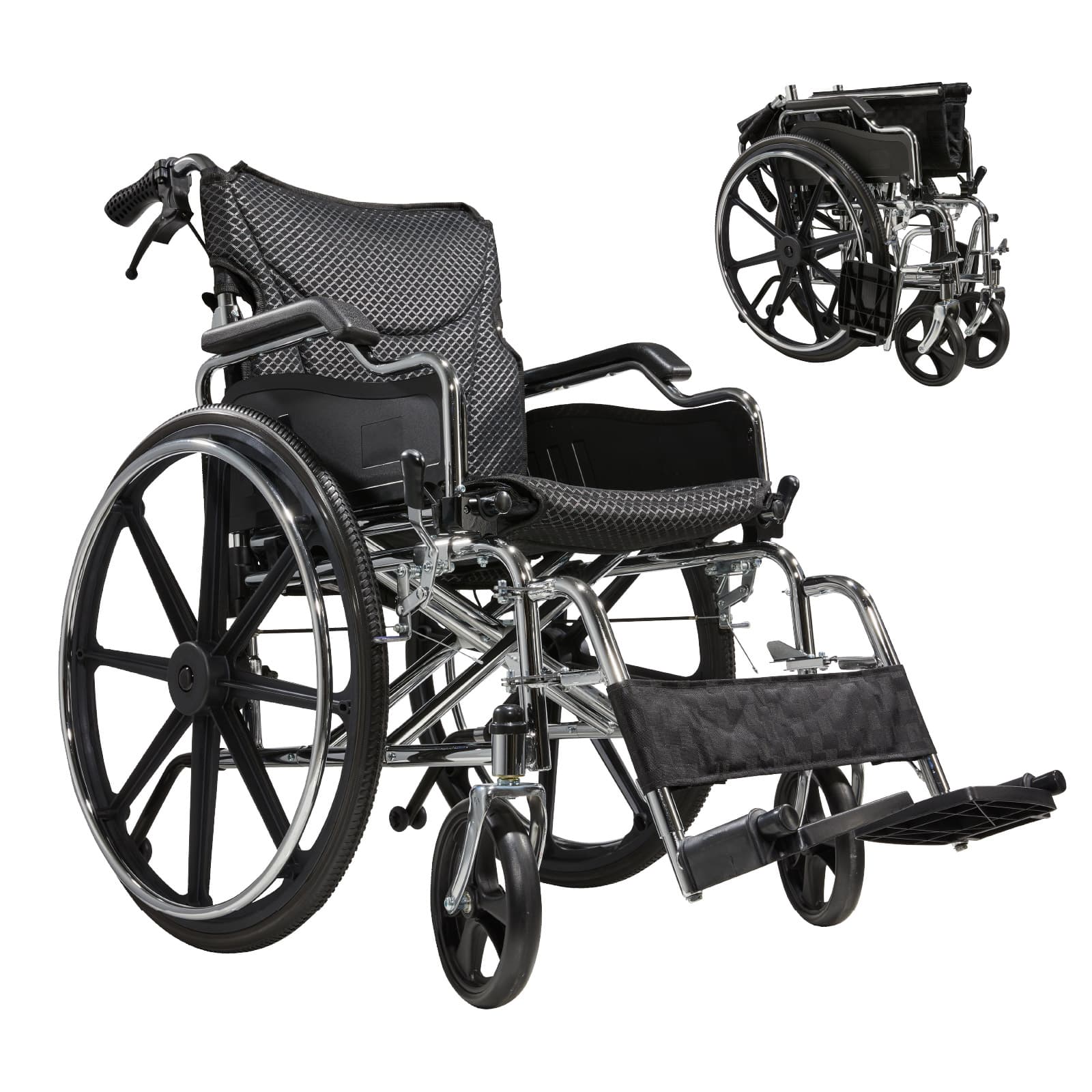 Folding Manual Transport Wheelchair, 20 " Seat With Front and Rear Locking Hand Brakes, 24 " Quick Release Rear Wheels,Bright Silver