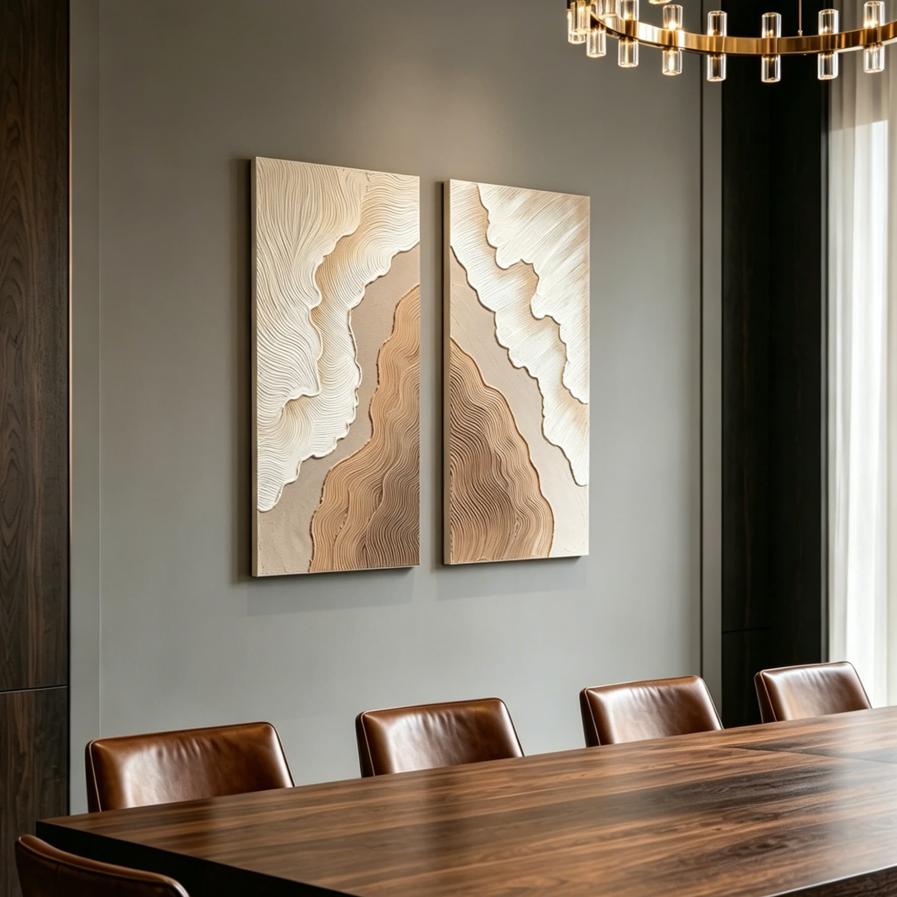 20x40 Set of 2 Abstract Wall Art, Neutral Antique White & Beige Brown Textured Canvas Painting with Gold Accents, Modern Decor for Living Room Bedroom, Ready to Hang