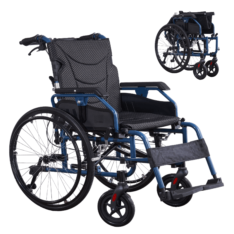 Aluminium multi-functional manual wheelchair. Hand brake. 24-inch quick detachable wheel. One-button adjustable handrail.Flash Blue