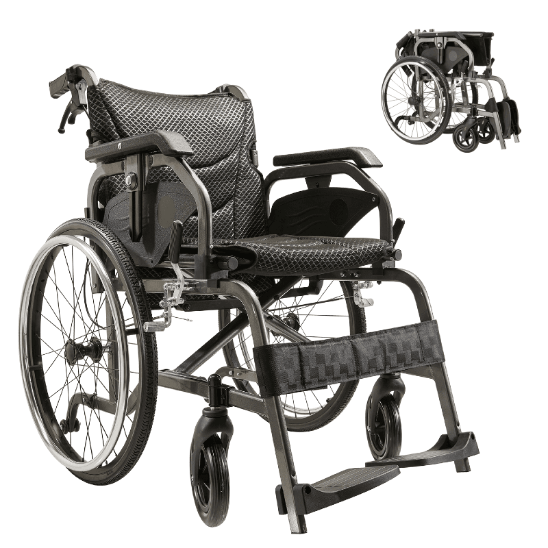 Aluminum Foldable Lightweight Adult Wheelchair, New Square Tube Design, 18" Seat with Front and Rear Locking Hand Brakes, 22" Rear Wheels, Color Nanometer Grey