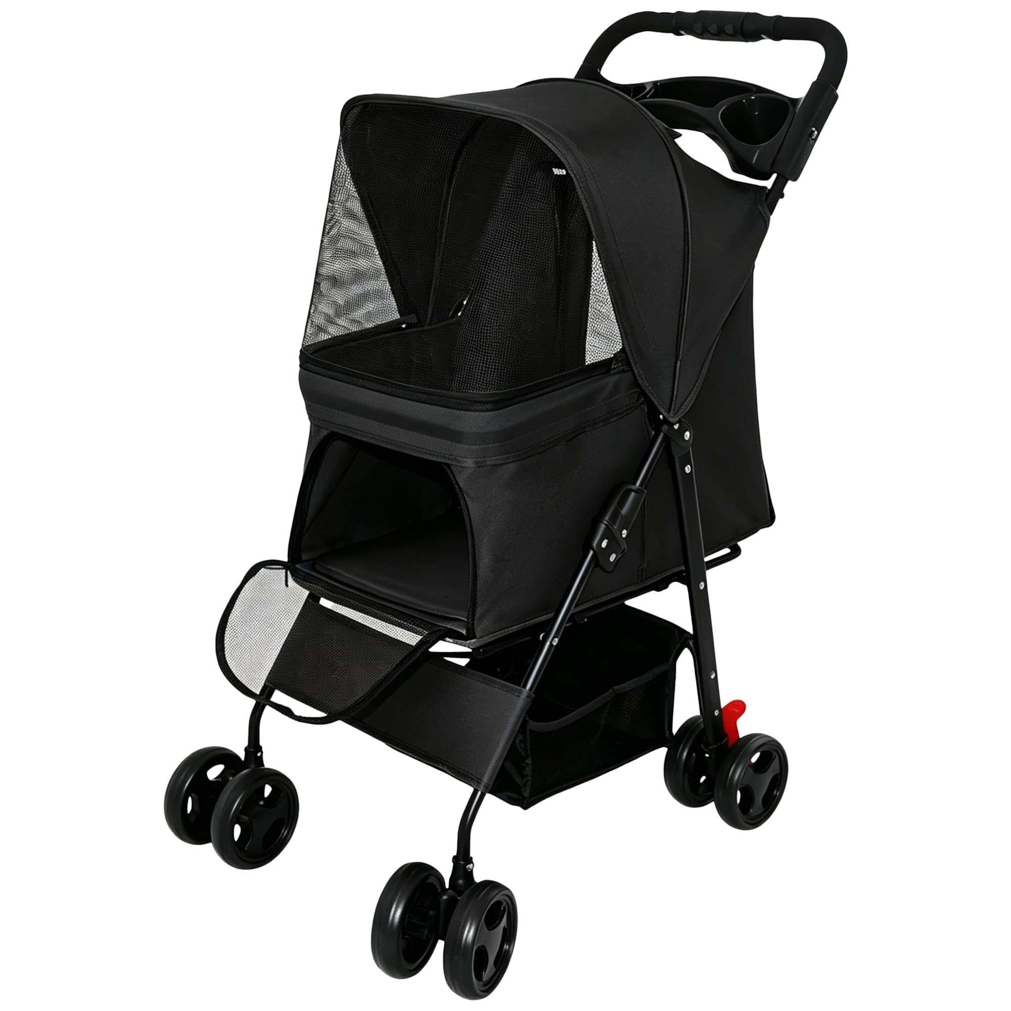 Foldable Pet Stroller for Small Dogs and Cats Under 28 lbs with Multi-Functional Tray, 2 Safety Leashes, Storage Basket & Breathable Mesh, 4 Wheels Pet Stroller, Black