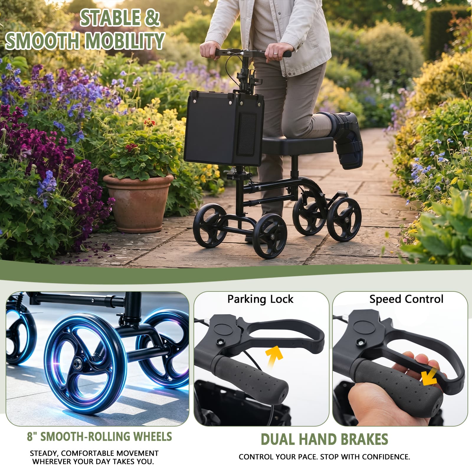 Knee Scooter for Adults, Knee Walker with 8" Wheels, Dual Brakes, Adjustable Handlebar & Knee Pad, Foldable, Bag & Cup Holder, 300 lbs