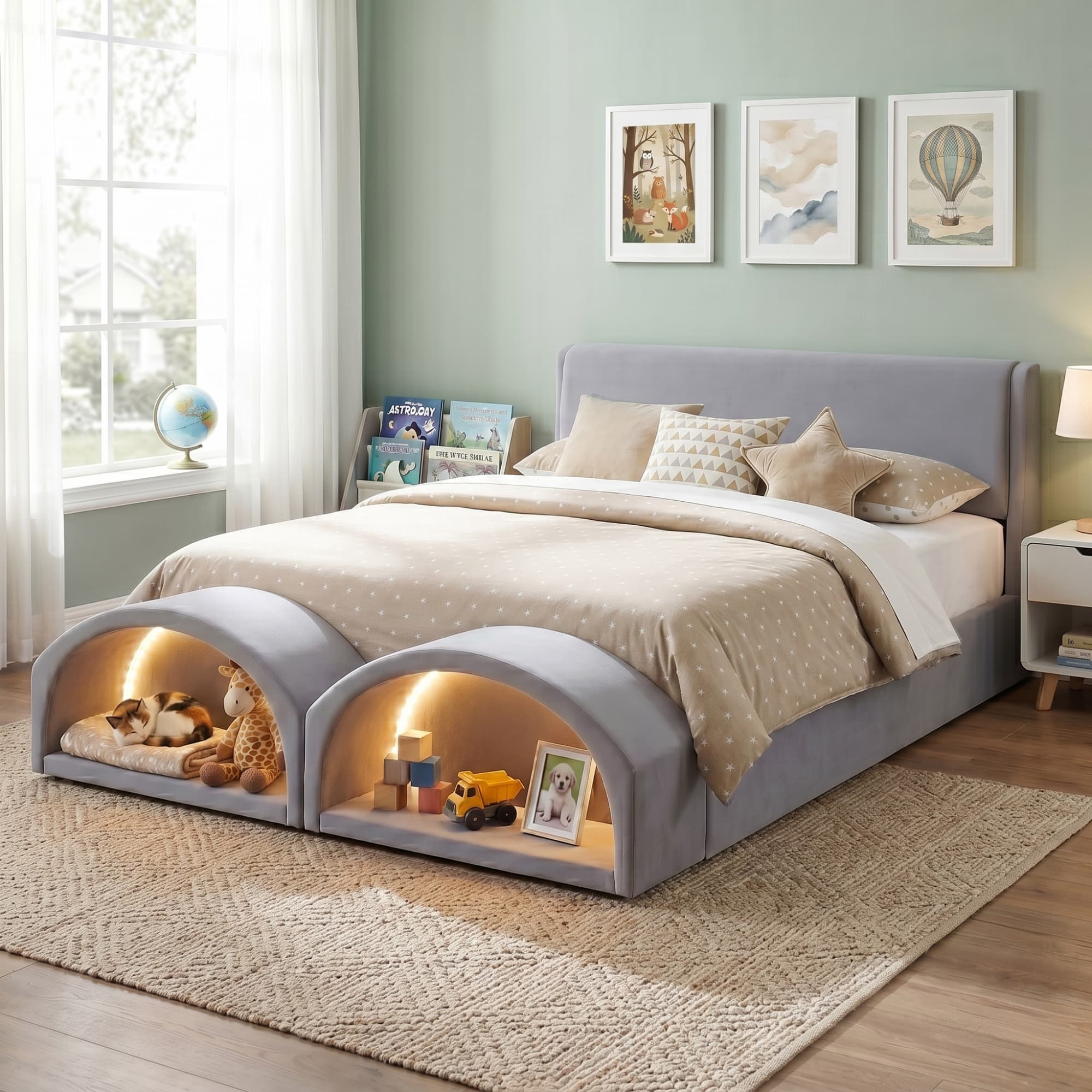 Queen Size Upholstered Platform Bed Frame with Dual Cat Caves, LED Lighted Pet Nests at Footboard, Gray