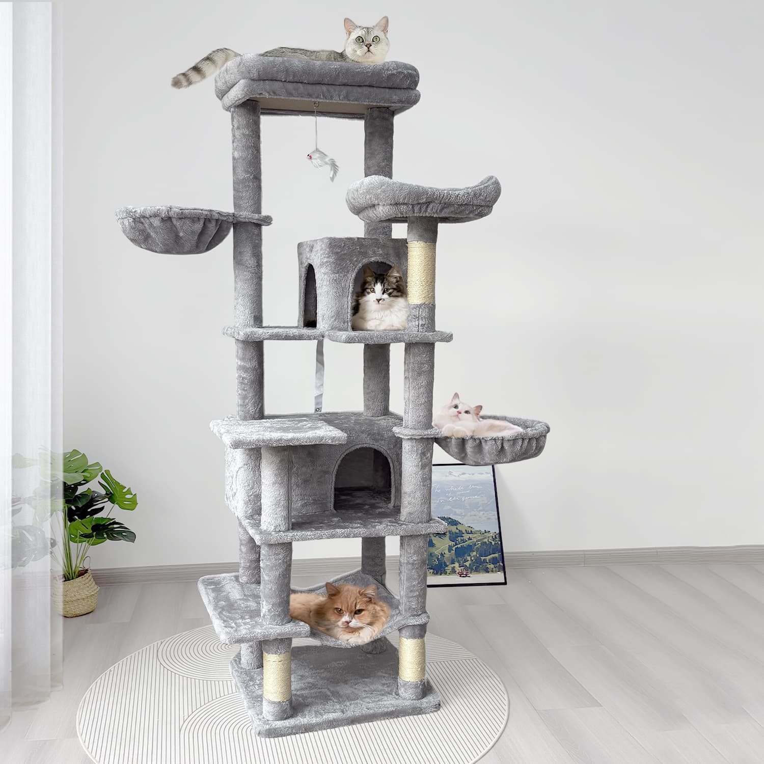 68in Tall Multi-Level Green Cat Tree with Hammocks, Hanging Basket, Cat Cave, Removeable Cushion, Scratching Posts - Plush Cat Tower for Indoor Cats, Perfect for Multiple Cats Grey