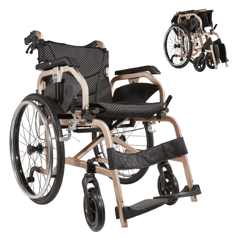 Aluminum Foldable Lightweight Adult Wheelchair, New Square Tube Design, 18" Seat with Front and Rear Locking Hand Brakes, 22" Rear Wheels, Color Champagne gold