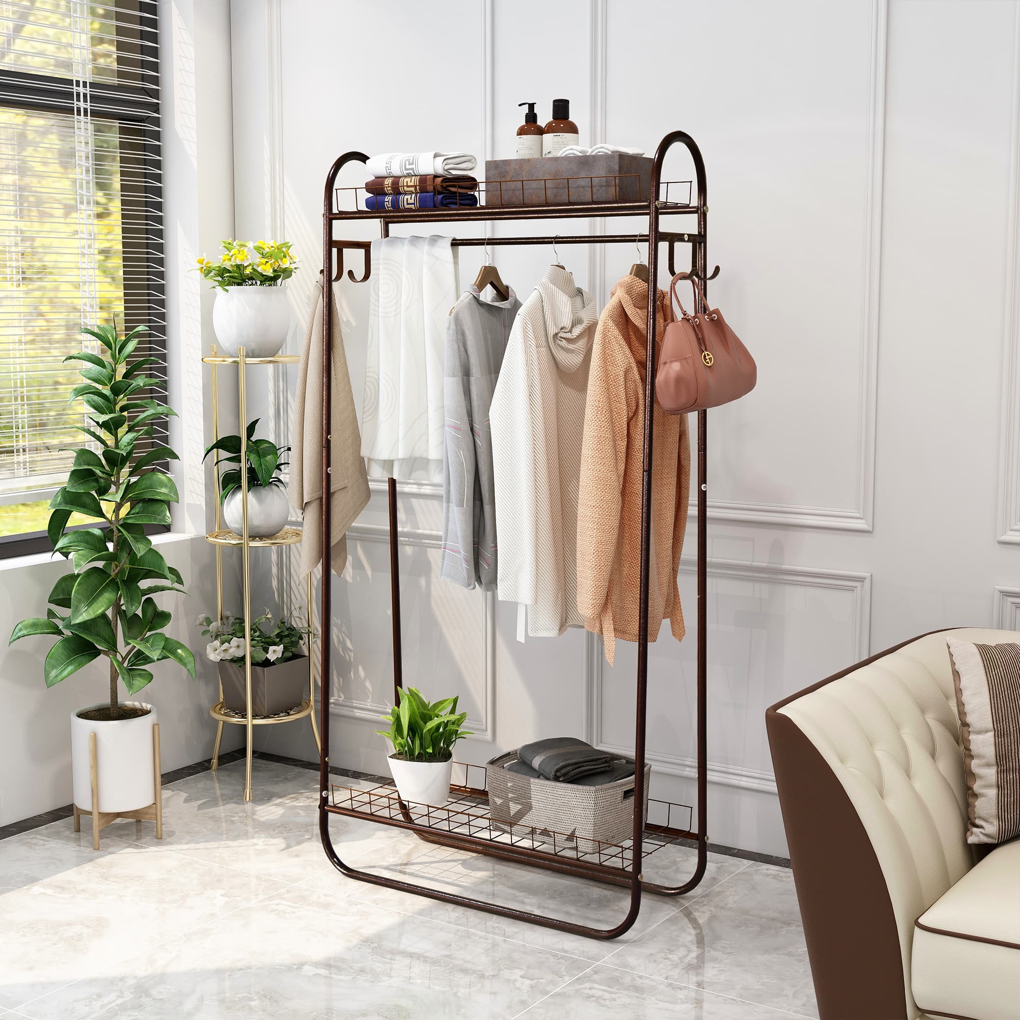 Garment Rack Freestanding Heavy Duty Clothing Rack, Metal Rolling Clothes Rack with Double Shelves, Portable Wardrobe Rack for Hanging Clothes