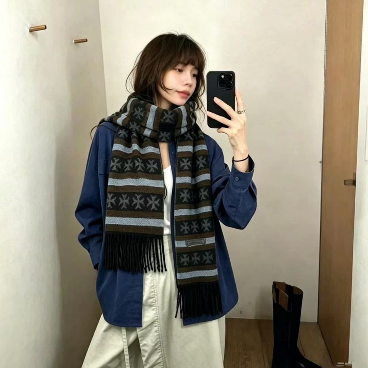 Imitation Cashmere Scarf Women - Double Sided Warm Shawl with Tassels, Retro European Street Style Winter Neck Wrap
