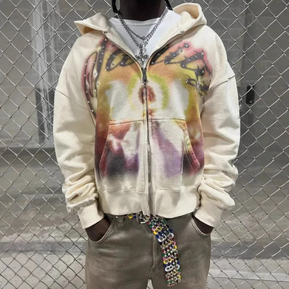 Athletic-style Zip-up Hoodie With Letter Graffiti Print