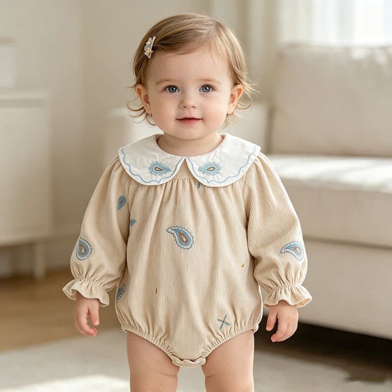 Korean-style Long-sleeve Corduroy Romper With Embroidered Collar For Babies