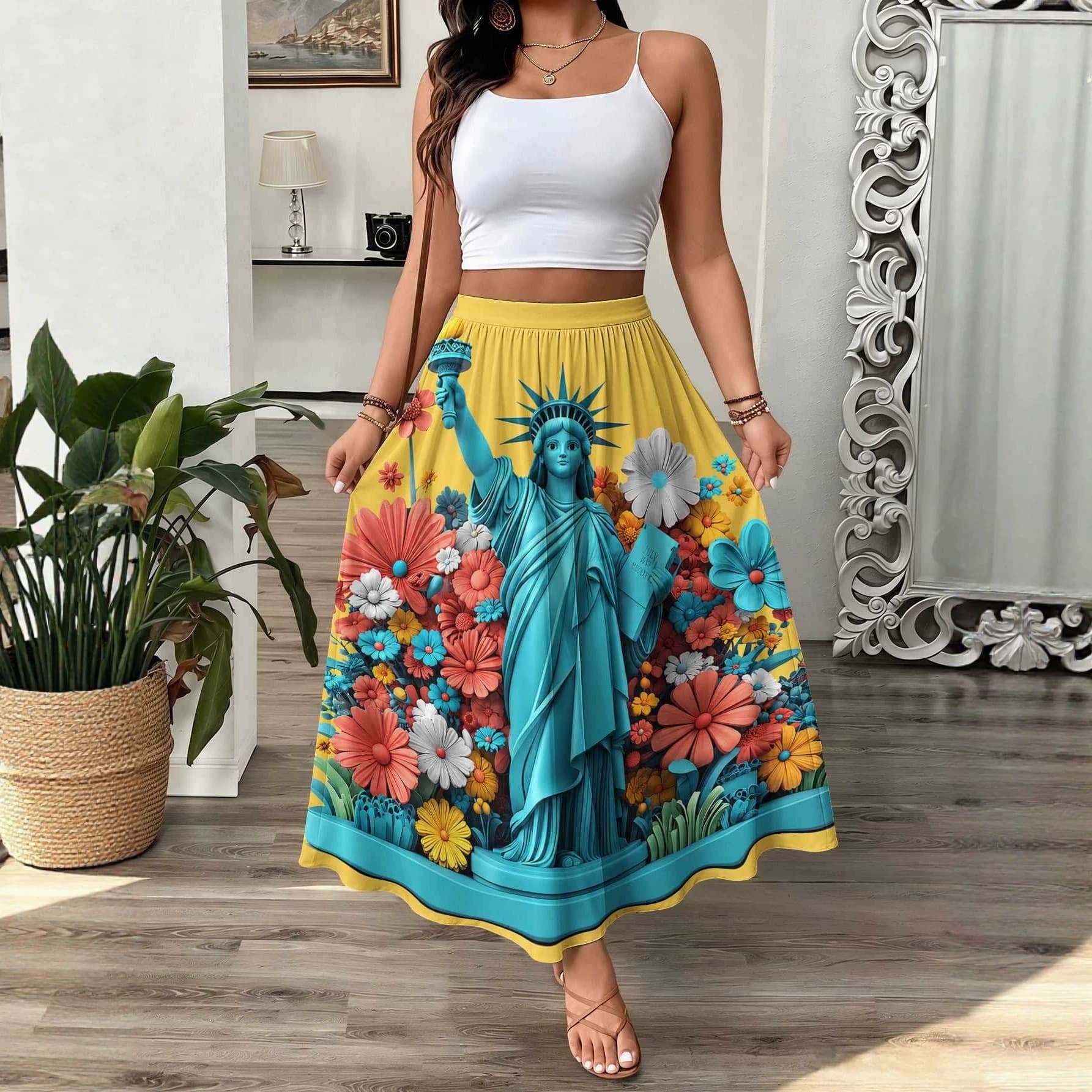 Womens 3D-printed Elastic High-waist Skirt