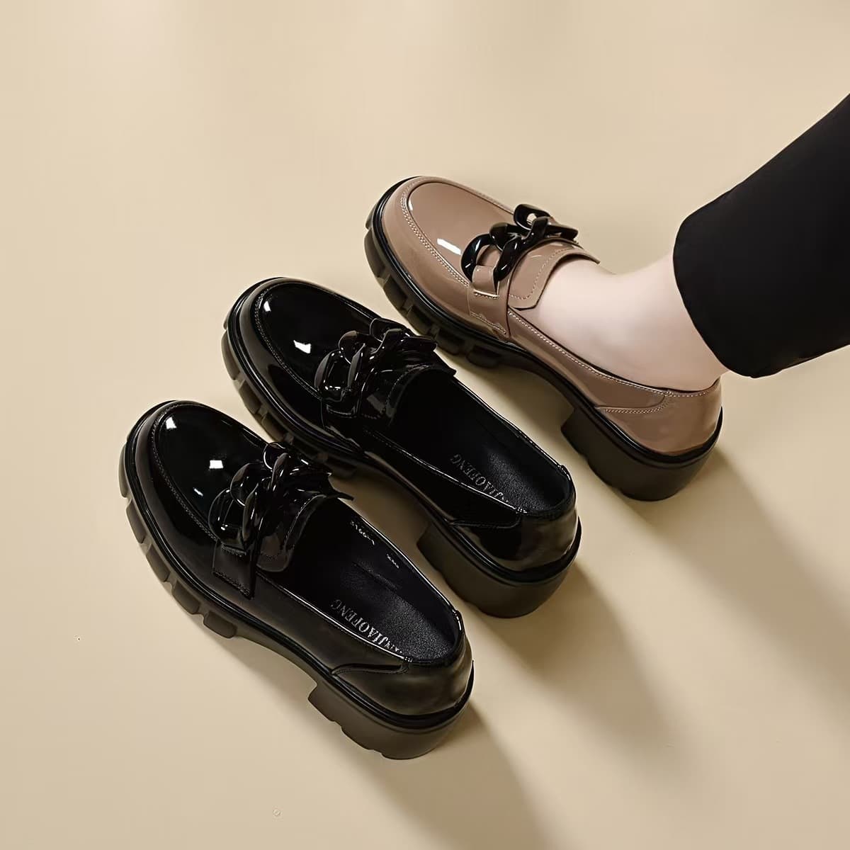 Genuine Leather Loafers for Women - Chunky Heel Platform Slip-On Shoes with Chain Detail British Style Casual Spring Autumn Footwear