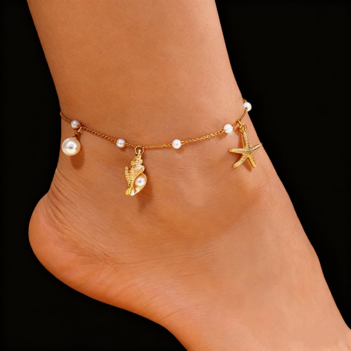 Womens Beach Conch Pearl Pendant Anklet