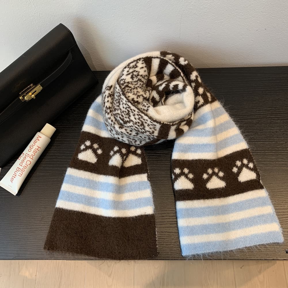 Cat Paw Jacquard Knit Scarf - Women's Striped Colorblock Soft Warm Winter Neck Warmer