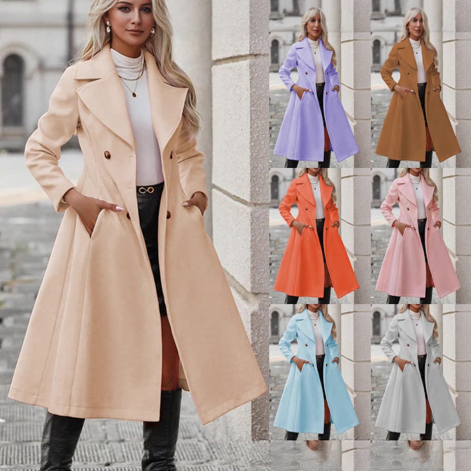 Womens Solid-color Lapel Casual Double-breasted Long Trench Coat