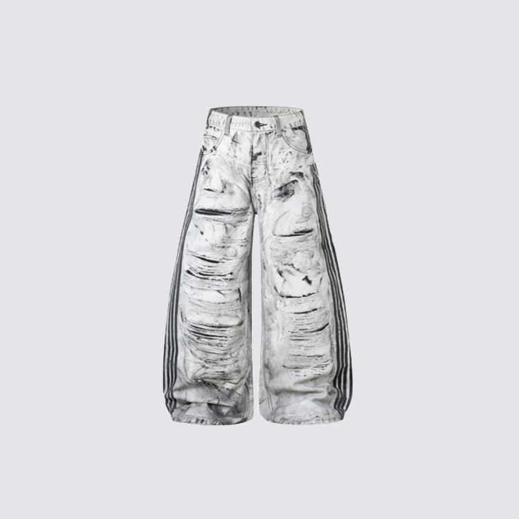 American-style High-street Distressed Ripped Wide-leg Jeans With A Printed Design