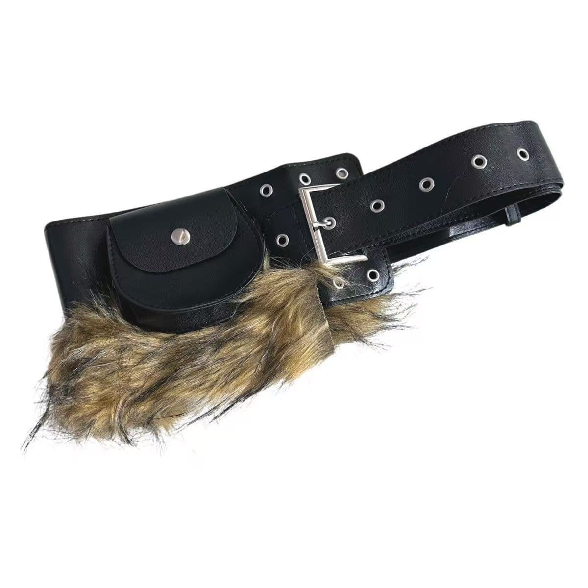 New Womens Fluffy Patchwork Belt Accessory With A Lipstick Pouch