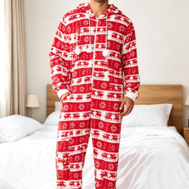 Men's Red And White Snowflake Reindeer Print One-Piece Loungewear
