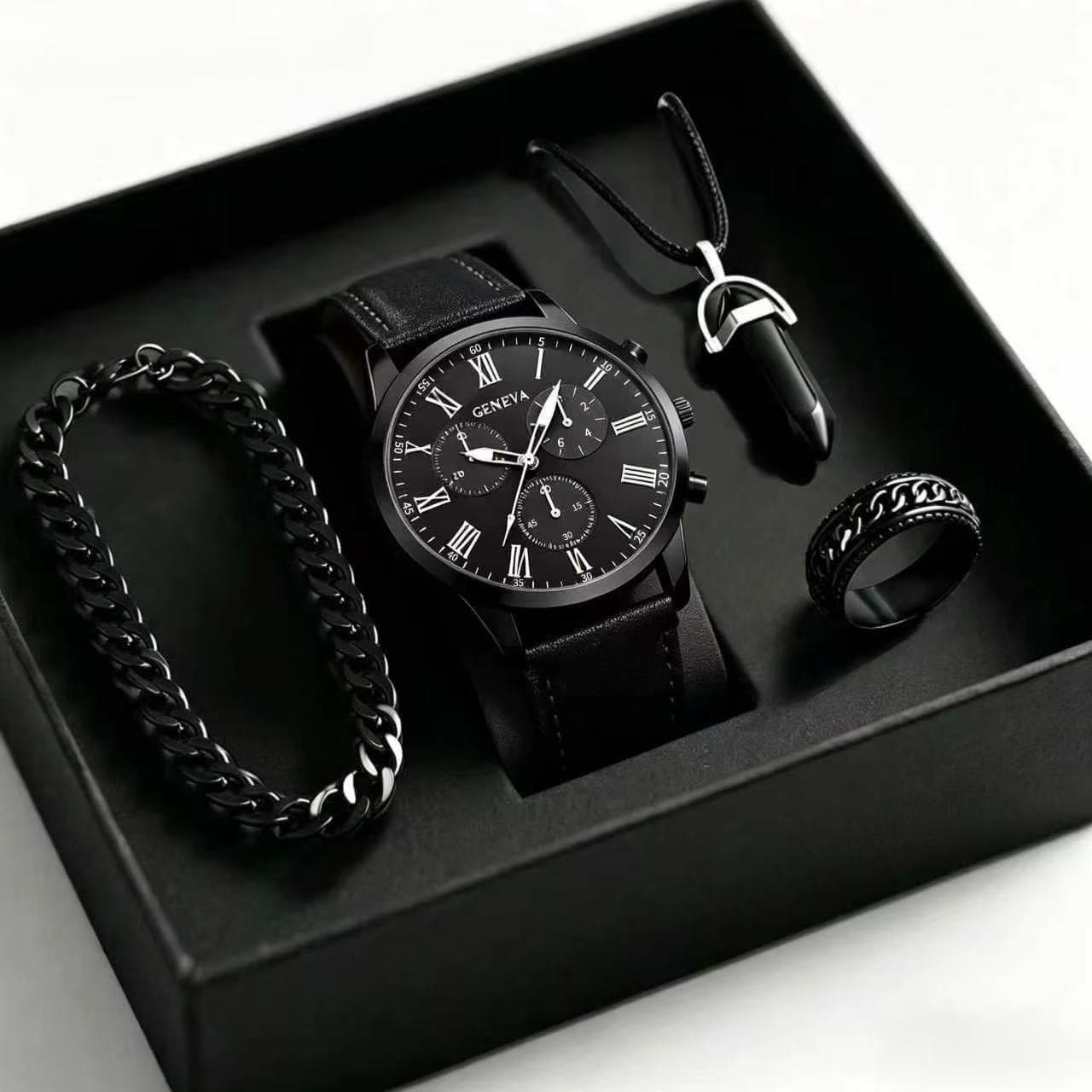 Mens Quartz Watch Necklace Bracelet Set