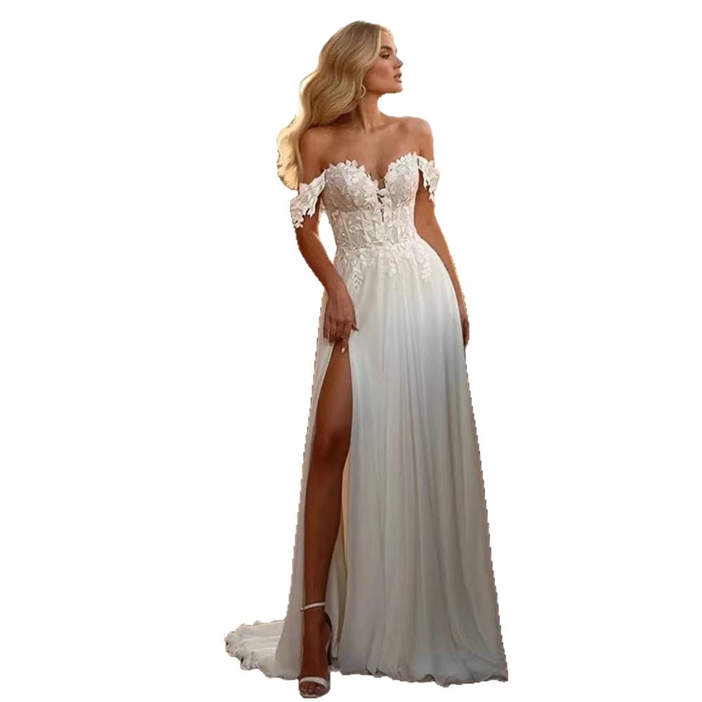 Off-the-shoulder Lightweight Wedding Dress With V-neck And Slit Figure-hugging Fit