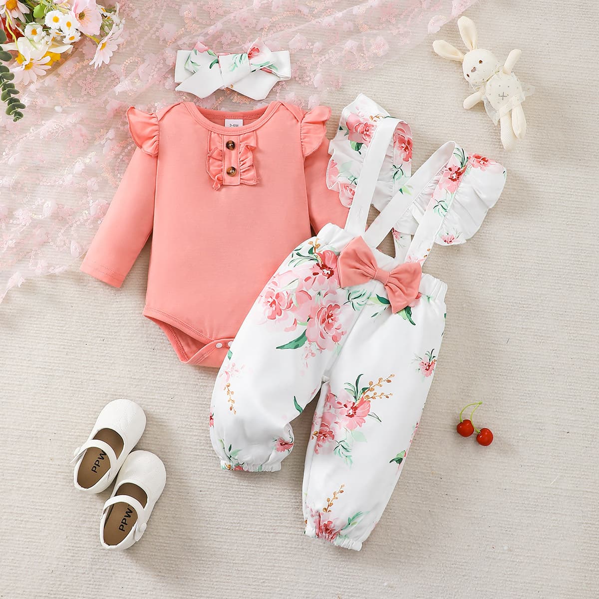 Solid-color Long-sleeve Bodysuit Printed Suspender Trousers Headband 3-piece Set