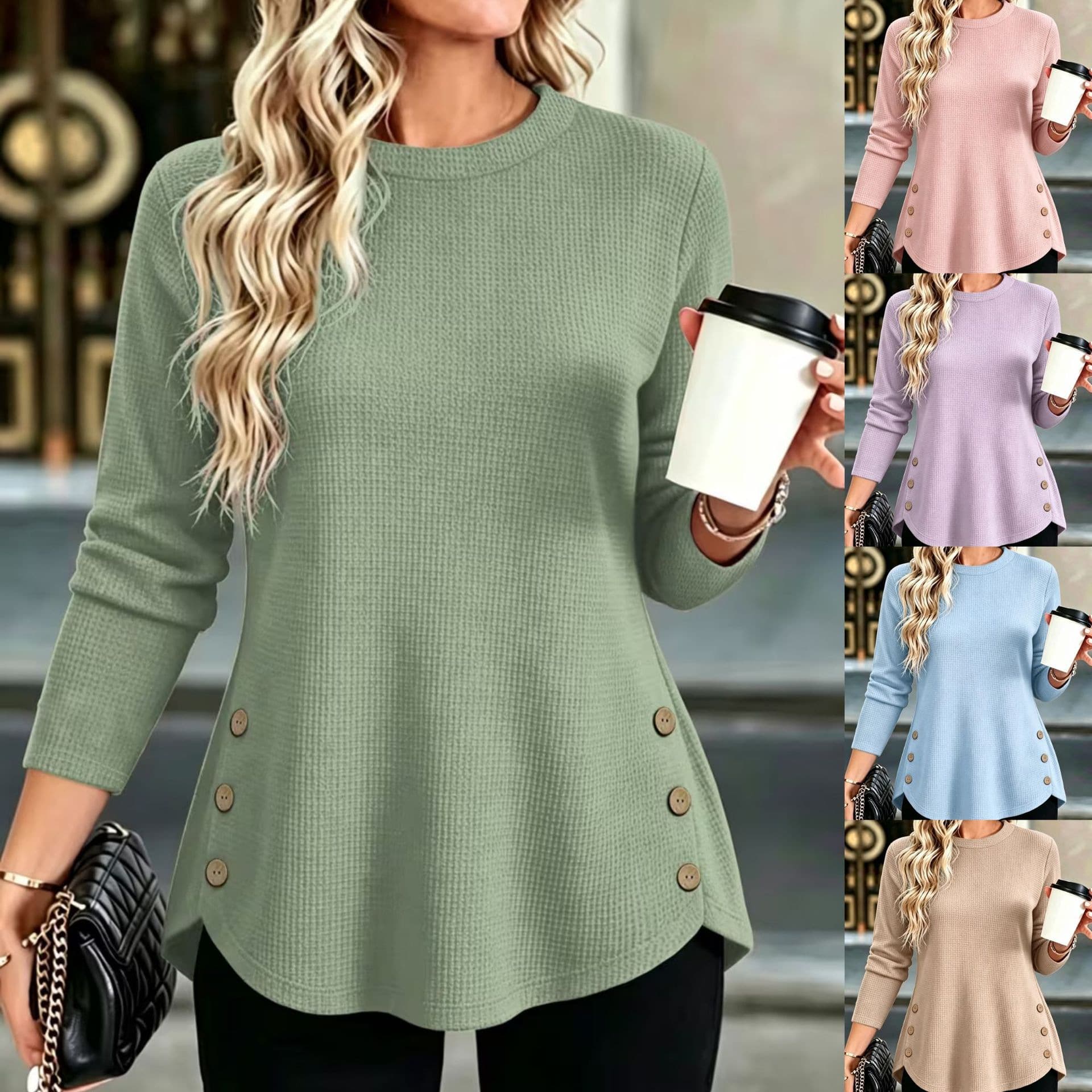 Women's Round-neck Simple Solid-color Fashionable Long-sleeve Top